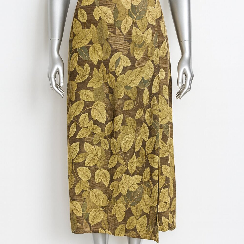 Vintage Laura Scott Leaf Print Brown Maxi Length Skirt Size 6 90s Y2K Boho Rayon